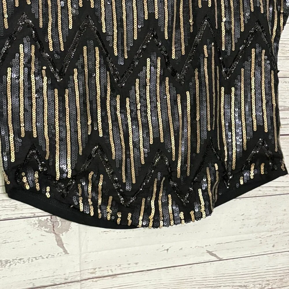 Miss Me Cocktail Hour Top‎ Blk Gld Blue Sequins XS